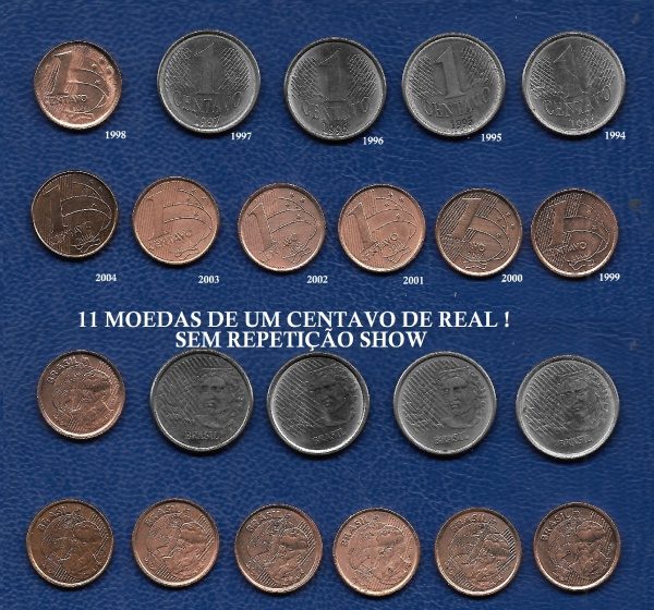 Série completa de moedas de 1 Centavo de Real do Brasil - Lupa Coleções